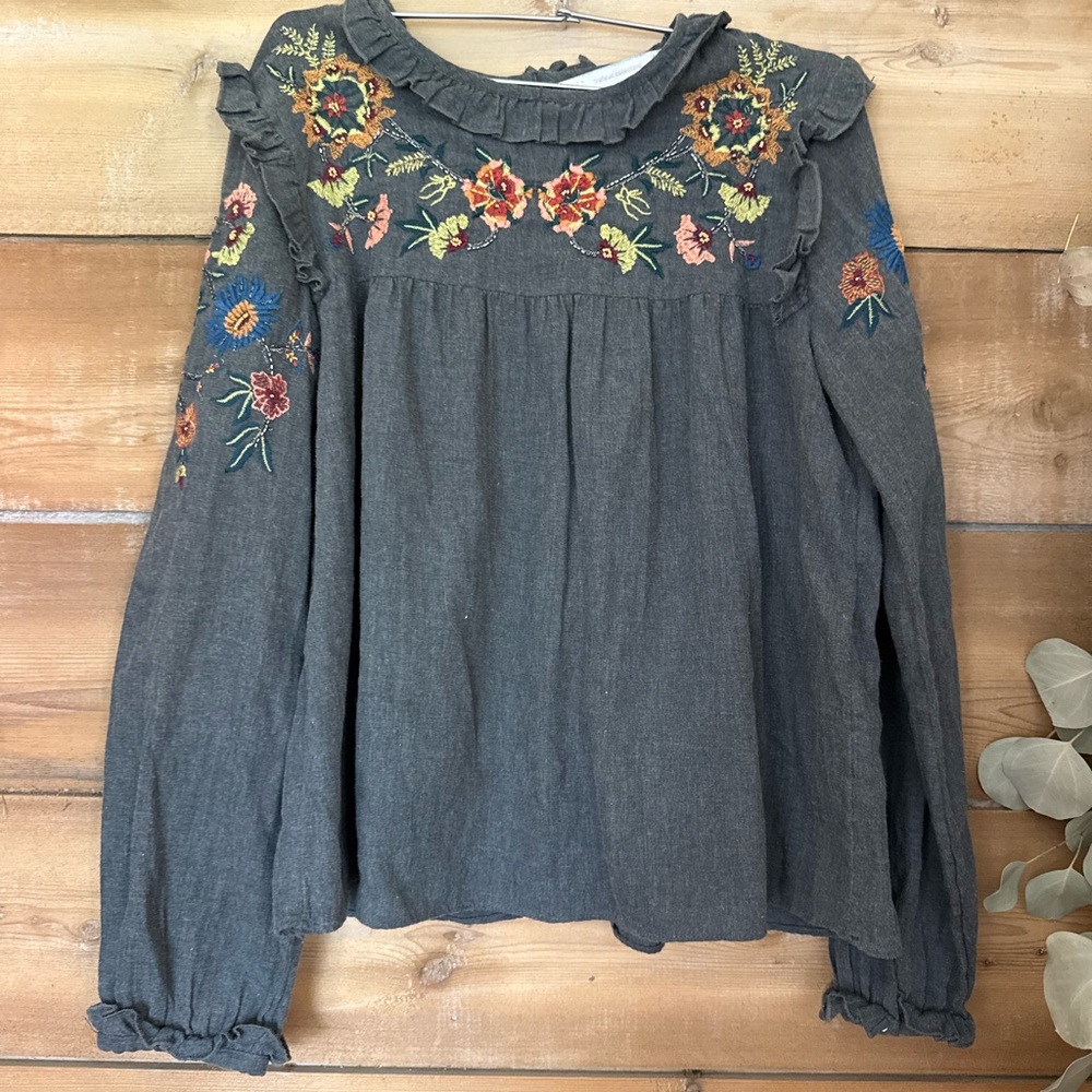 Zara Charcoal Blouse with Floral Embroidery